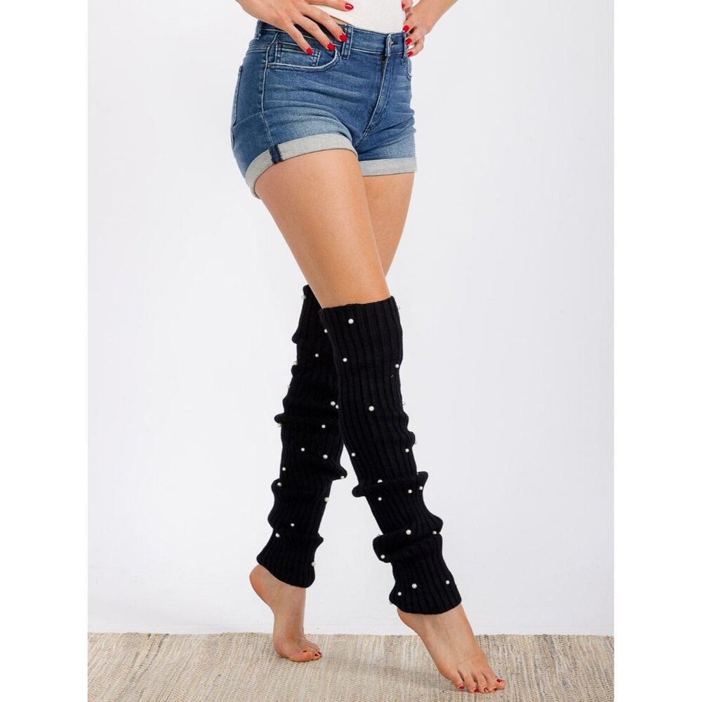 Women's Pearl Detailed Ribbed Knit Leg Warmers Color Black One size